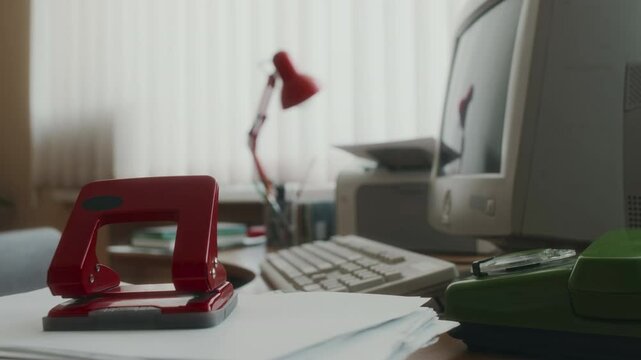 No people shot with changing focus from old retro computer and printer to red hole puncher on stack of documents on table, 90s office workers vintage workplace