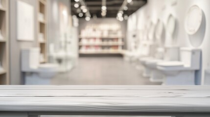 close up of empty table with blurred white toilets in plumbing store background