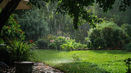 Garden scenery getting damp from rain