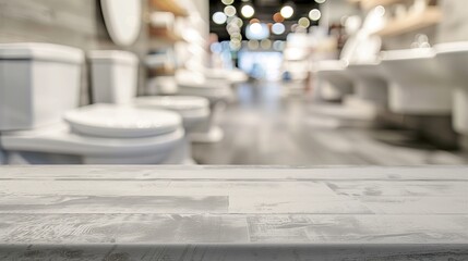 close up of empty table with blurred white toilets in plumbing store background