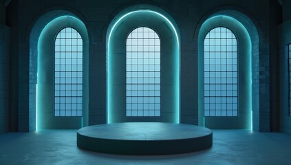 3D Render of an Abstract Background with Blue Glowing Arched Windows and Stage