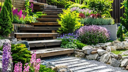 Fototapeta premium Gardening with decorative plants and flowers Landscape design idea Vertical picture