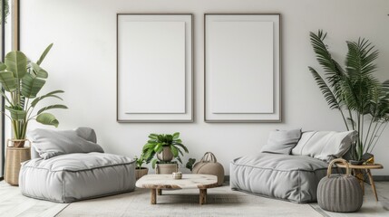 Fototapeta premium Minimalist Living Room with Two Armchairs and Empty Frames