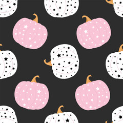 Charming seamless pattern with pink and white pumpkins with star patterns on a dark background. Ideal for Halloween, autumn decorations, and festive design projects. Vector illustration.