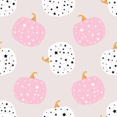 Stylized pink and white pumpkins with stars. Girly fashion design for fabric, textile, wrapping paper, scrapboking. Vector illustration.