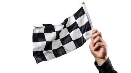 Hand Holding Checkered Flag isolated on transparent background