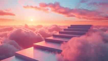 Surreal Stairway Extending Into Cloudy Pastel Sunset Sky