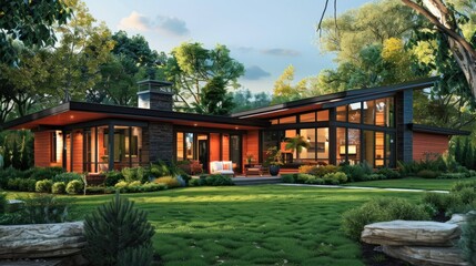 Generate a prompt for a photo realistic image of a modern ranch house with low-pitched rooflines, open floor plan, and wide eaves.