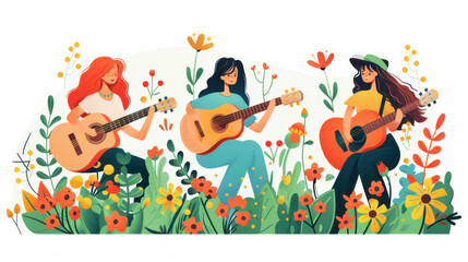 Obraz premium Illustration of three women playing guitars surrounded by colorful flowers, capturing a lively and cheerful outdoor scene.
