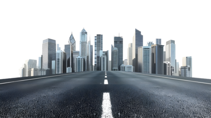 Empty road leading to a city skyline isolated on transparent background