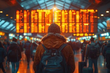 Passengers waiting in a crowded airport terminal with a large flight delay board displaying multiple cancellations.