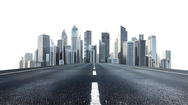 Fototapeta Empty road leading to a city skyline isolated on transparent background