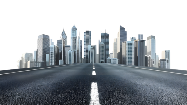 Empty road leading to a city skyline isolated on transparent background