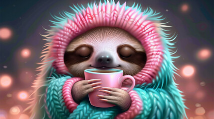 Fototapeta premium A cute sloth wearing a pink and blue knitted sweater holds a pink mug of hot coffee and smiles.