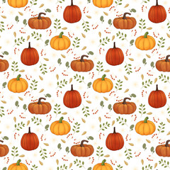 Autumn pattern illustration with pumpkin, leaves. Beautiful fall season pattern or motif 