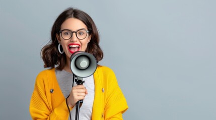 Fototapeta premium Young Woman in Yellow Cardigan Holding a Megaphone
