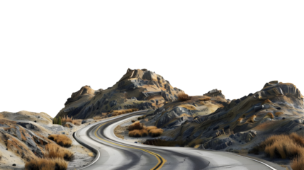 Winding road through rocky landscape isolated on transparent background