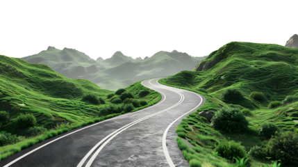 Winding road through green hills isolated on transparent background