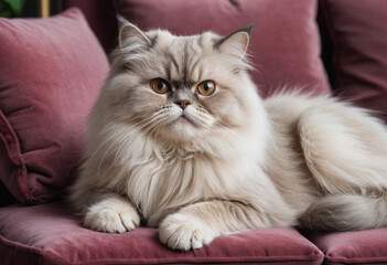  A fluffy Persian cat lounging on a velvet cushion. 
