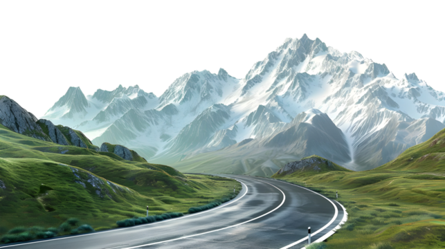 Winding Road Leading to Snow Capped Mountains isolated on transparent background