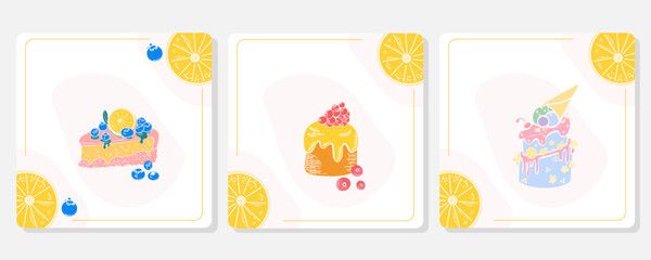 Fototapeta premium Cake poster design. Vector illustration card. Vintage greeting card with cake and berry 