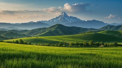 Fototapeta premium Pictures of vast green fields, rolling hills and small villages. located on a hill Behind are undulating mountains. The sky was a pinkish orange from the evening sun. This image showcases the beauty o