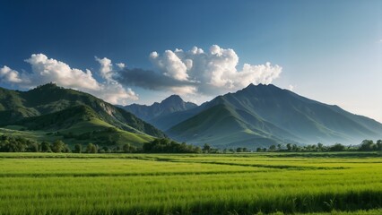 Pictures of vast green fields, rolling hills and small villages. located on a hill Behind are undulating mountains. The sky was a pinkish orange from the evening sun. This image showcases the beauty o