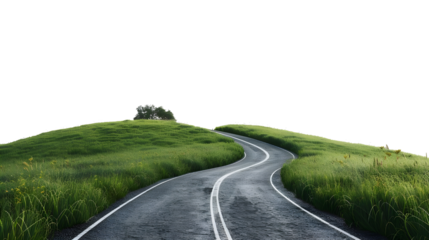 Winding road through a lush green field isolated on transparent background