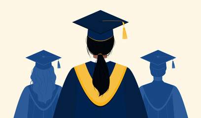 Close up back view illustration of female student and graduates silhouette. Graduation persons wearing a cap and gown. College or university ceremony.  