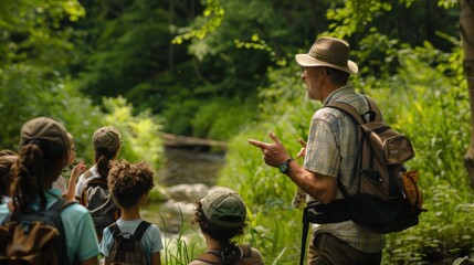Fototapeta premium Engaging Outdoor Education: Educator Leading Nature Hike Amid Local Flora and Fauna in Scenic Environment