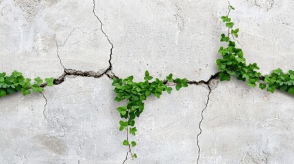Green ivy growing through cracks in an old, weathered concrete wall, symbolizing resilience and nature overcoming urban environments.