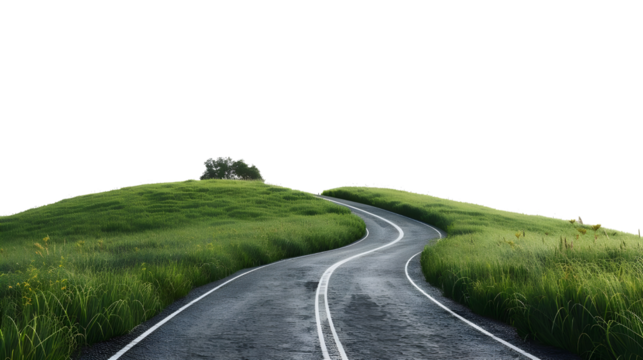 Winding road through a lush green field isolated on transparent background