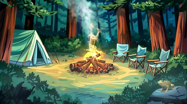 Campfire in forest with tent, chairs, and frog on rock. Seamless loop video background