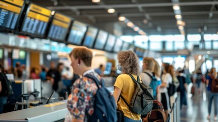 A group of people are waiting in line at an airport