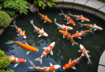  A majestic koi carp swimming in a Japanese garden pond. 