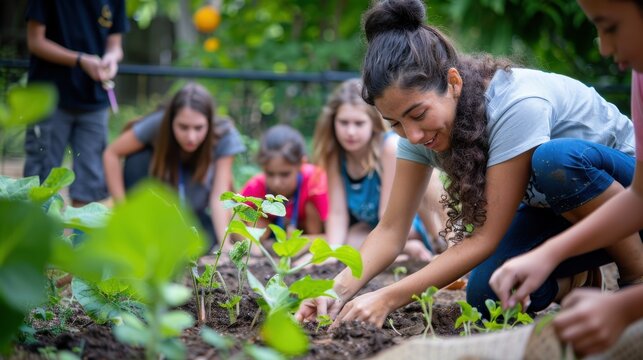 Engaging Gardening Class with Educator and Students Planting Seeds Outdoors