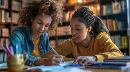 Fototapeta premium Dedicated Teacher Mentoring Student in Quiet Study Session with Personalized Guidance and Support