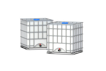 Two IBC containers in metal grate isolated on white background. 3d render
