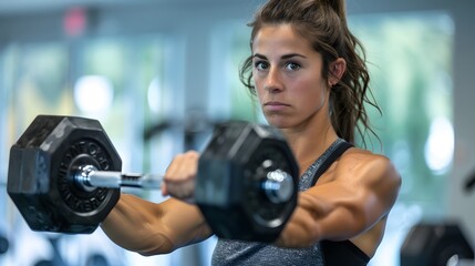 Fototapeta premium Atractive fit woman works out with dumbbells as a fitness concep. 