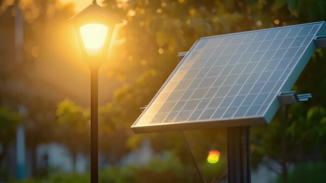 A closeup of a solar panel absorbing the bright rays of sunshine to power the streetlight.