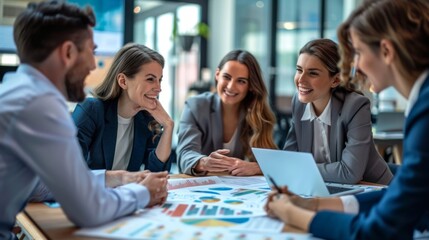 A group of people are sitting around a table with a laptop open