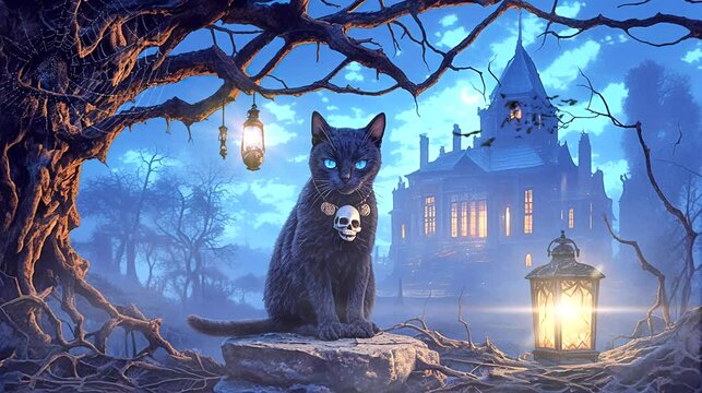 Black Cat with Skull Necklace under dead tree in Front of Haunted House. Seamless looping time-lapse 4k video animation background