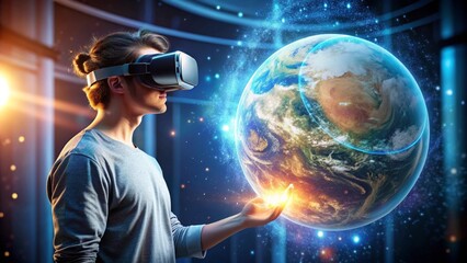 man uses VR goggles for a virtual journey, interacting with a holographic image of Earth.