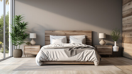 luxurious and modern bedroom interiors featuring sleek design elements, stylish furniture, soft lighting, and large windows, creating a sophisticated and comfortable living space
