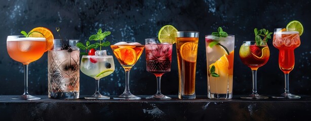 Range of cocktail drinks for special promotion design. Fresh and yummy alcoholic drinks in different glasses for advertisement, menu, and poster