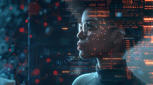 AI cyber security threat illustration, black african american female IT specialist analysing data information technology, augmented reality artificial intelligence collage, side profile, copy space