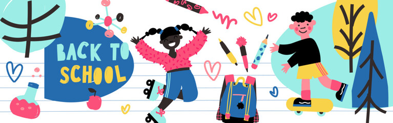 Banner of poster back to school with youth and children. Colorful title and school elements. Web banner template design, layout for labels. hand-drawn vector decorative design. flat style illustration