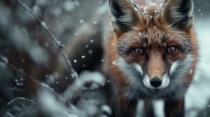 Fototapeta premium A fox is seen among the falling snow, with a portion of the image blurred. The wintry background adds texture and depth, creating an enigmatic scene.