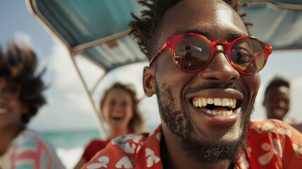 A group of friends, led by a smiling young man in red sunglasses, enjoy a sunny day on a boat, their laughter and joy reflecting the sheer delight of friendship and adventure.