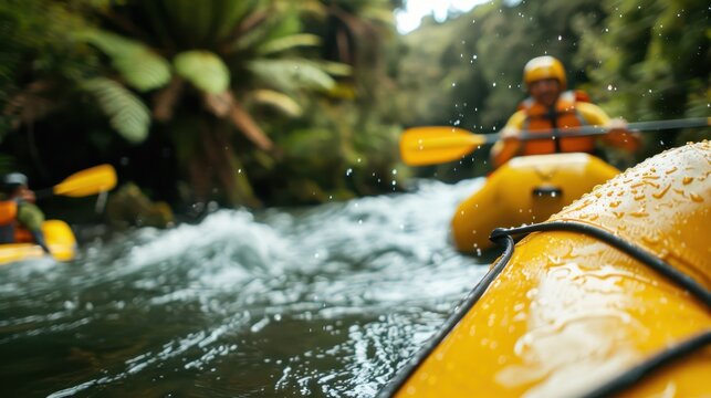 A group of adventurers is enjoying a rafting experience in a jungle setting, navigating their yellow rafts through winding waterways as water splashes up around them energetically.